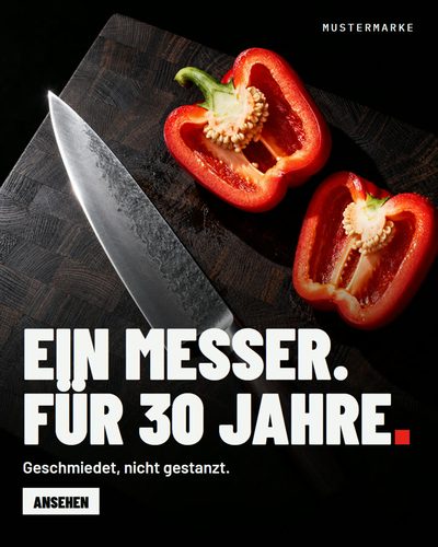 Fiktive Anzeige für ein Küchenmesser, überarbeitete Version mit dem Produkt im Vordergrund.