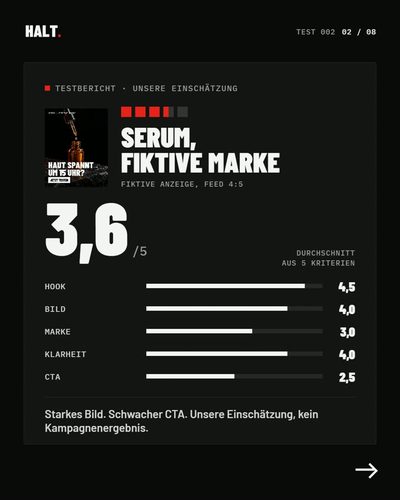 Bewertung einer fiktiven Serum-Anzeige nach fünf Kriterien, Gesamtnote 3,6 von 5.