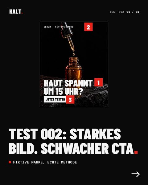Test 002: fiktive Serum-Anzeige mit der Frage „Haut spannt um 15 Uhr?“.